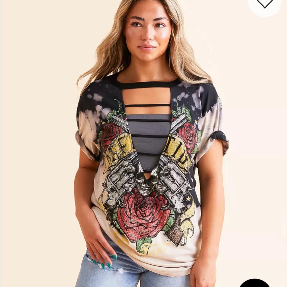 Affliction Black and Pink Graphic Cut-Out Short Sleeve Tee